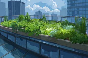 A rooftop garden with various plants flourishing on the roof of a building, showcasing urban gardening on rooftops