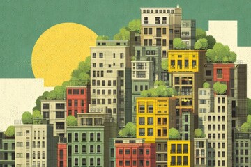 A bustling cityscape filled with tall buildings and lush green trees, showcasing a harmonious blend of urban development and nature. Rooftop gardens add a touch of greenery to the city skyline.