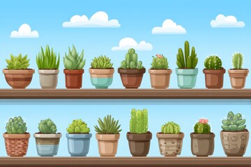 A collection of various pots filled with cactuses arranged neatly on a wooden shelf, adding a touch of greenery to the space.