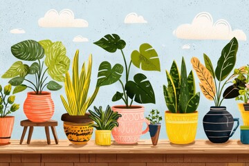 A variety of house plants including succulents and cacti arranged on a rustic wooden table, creating a cozy indoor garden aesthetic.