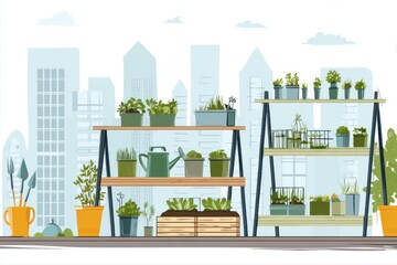 A row of potted plants lined up on a shelf overlooking a cityscape background, showcasing urban gardening on rooftops.