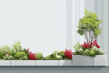 A decorative planter filled with various green plants and colorful flowers, creating a vibrant and lively urban gardening scene on a rooftop.
