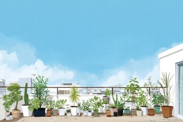 A beautiful balcony adorned with various potted plants under a clear blue sky, creating a serene urban gardening oasis.