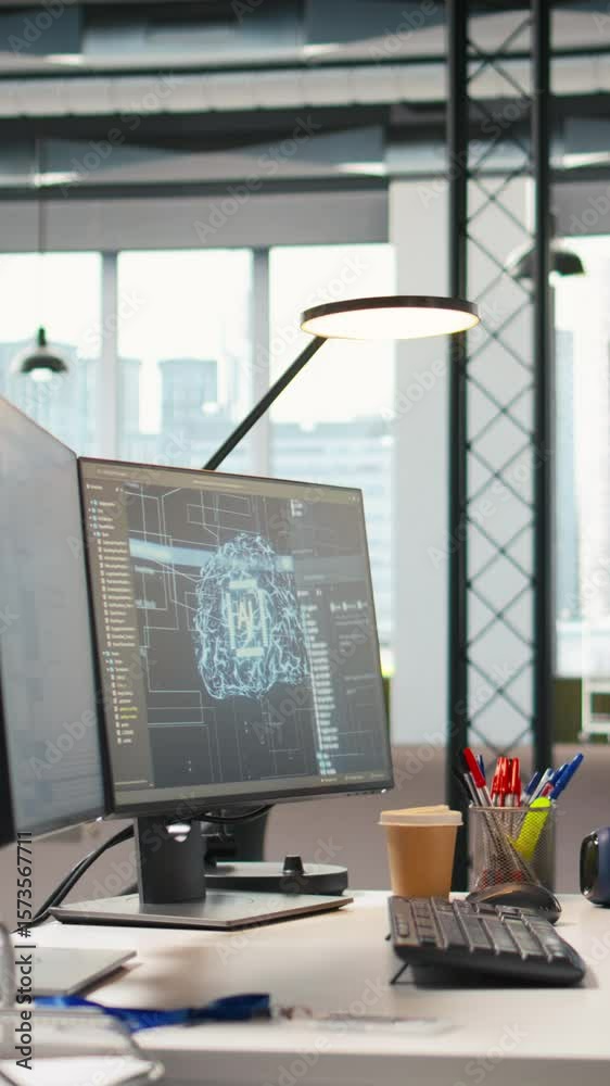 Aufkleber vertical video pc monitor on startup office desk showing artificial intelligence neural networks pro