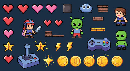 Obraz premium Pixel art game assets set vector illustration with characters and items for game design and development on transparent background