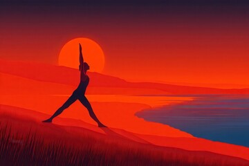 A man standing on a hill at sunrise, practicing yoga with his arms raised in the air. The warm morning light illuminates the serene scene.