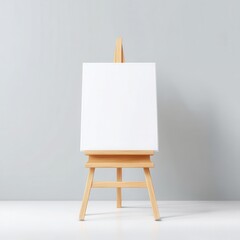 A minimalist wooden easel displays a blank canvas, set against a soft gray background, ideal for art studios, marketing materials, or creative workshops