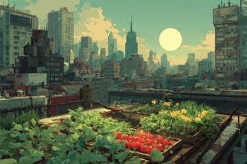 A vibrant rooftop garden filled with lush green plants, set against a backdrop of urban buildings. This scene captures the beauty of urban gardening and the harmonious blend of nature and city life.