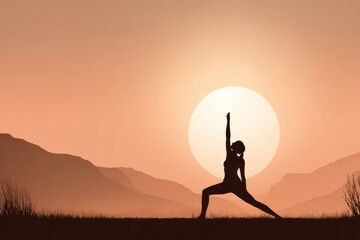 A serene woman practicing yoga amidst majestic mountains during a beautiful sunset, finding peace and tranquility in nature.