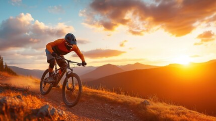 Obraz premium Professional cyclist racing downhill on mountain bike at sunset