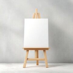 A blank canvas on a wooden easel against a minimalist background invites creativity and artistic expression, ideal for art galleries, workshops, and advertisements related to painting or design,