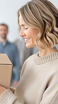 A confident woman holds a cardboard box, symbolizing teamwork and partnership in a professional environment, with colleagues in the background, enhancing work collaboration and suc