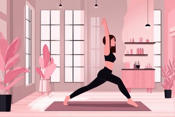 A serene woman practicing yoga in a room with soft pink walls, basking in the morning light. The flat vector art style adds a modern touch to this peaceful scene.