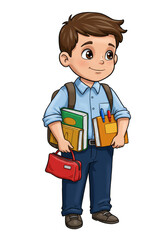 Illustration of School Boy with Backpack and Books Isolated on Transparent