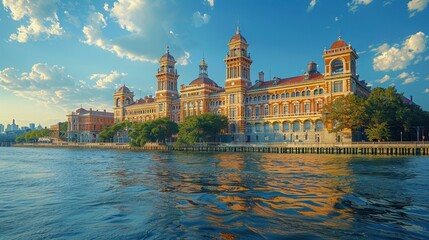 Naklejka premium Ornate building on waterfront with towers and domes reflects in rippling water under a blue sky with soft clouds