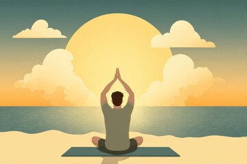 A serene man sitting in a meditative pose on a sandy beach, with the sun setting in the background creating a peaceful atmosphere.