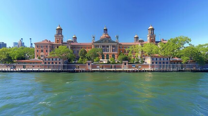 Fototapeta premium Ornate building with golden domes reflected in water under clear blue sky, green trees around