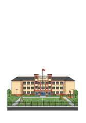 Illustration of School Building With Flag Lawn And Trees Isolated