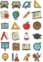 Illustration of School Education Study Bus Apple Pencil Globe Triangle Clock