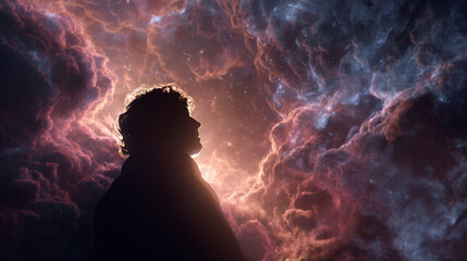 Mystical Silhouette Within a Dreamy Cosmic Cloudscape, Generative AI

