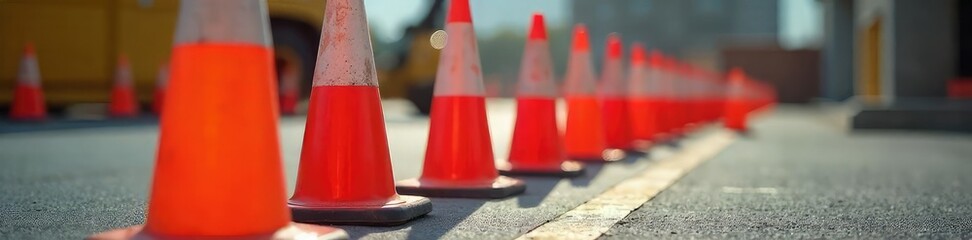 Bright Safety Cones Secure Construction Site Clearance Zone  A Vibrant Close-Up Emphasizing Workplace Safety and Hazard Prevention