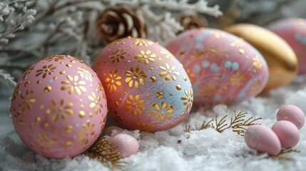 Obraz premium Pastel painted eggs with floral patterns nestled on faux snow, wintery branch background