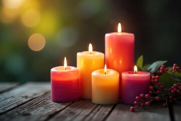 Burning Candles in Varying Heights and Colors Cast Warm Glow on Rustic Wood