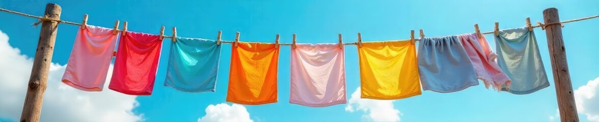 Freshly Laundered Clothes Drying on Rustic Clothesline, Vibrant Summer Scene