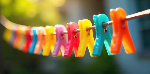 Colorful Plastic Clothes Pegs Drying on a Sunny Washing Line, Glistening with Raindrops - Perfect SpringSummer Laundry and Home Organization Imagery