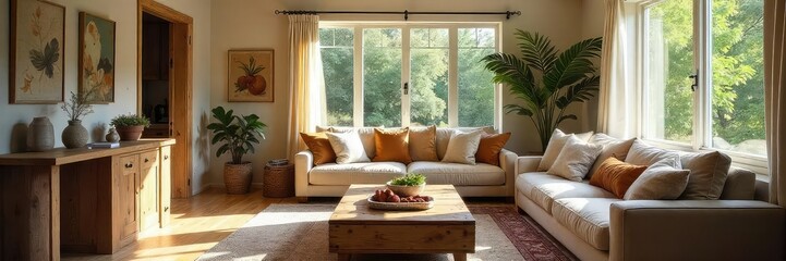 Cozy Family Room with Built-in Eating Area Natural Light, Rustic Table, Comfortable Seating, Perfect for Casual Meals and Family Gatherings