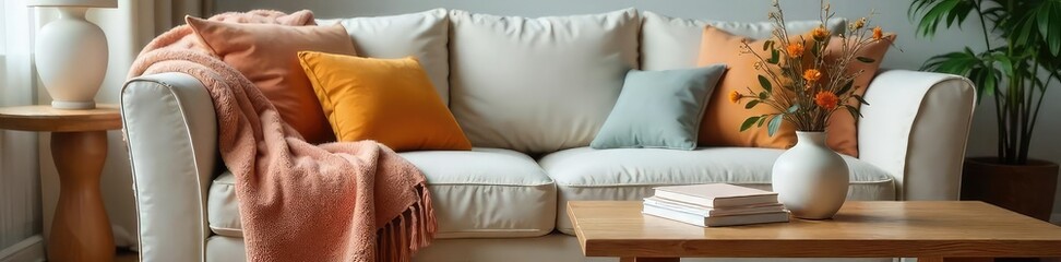 Cozy Living Room with Stylish Throw Blanket, Flowers, and Books ? Perfect for Home Decor Inspiration