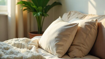 Cozy Plush Back Cushion Against Wall, Inviting Relaxation and Rest. Soft Lighting Highlights Texture and Comfort, Perfect for a Sleepy Afternoon.