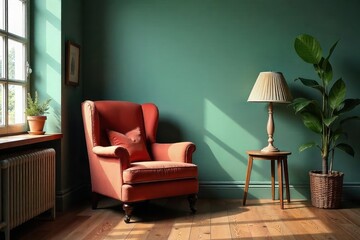 Cozy Vintage Living Room Corner Retro Armchair, Wooden Side Table, and Warm Lighting Create a Nostalgic and Comfortable Atmosphere