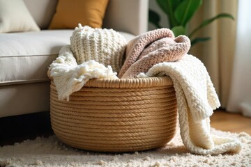 Cozy Woven Rug Basket Overflowing with Soft Throws and Blankets Perfect for Adding Warmth and Style to Your Living Room