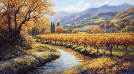 Autumn vineyard landscape by a stream.  Golden hues paint a tranquil valley scene