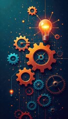 Interconnected Gears and Lightbulbs Synergy of Creativity and Technology Driving Innovation