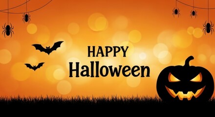 Happy halloween with spooky bats spiders and a jack o lantern