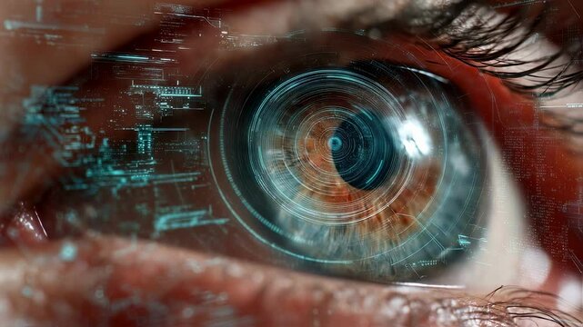 Evocative closeup of a human eye set against a backdrop of digital HUD interfaces illustrating the integration of human traits with futuristic computing technologies showcasing a new
