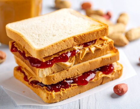 A classic peanut butter and jelly sandwich, showcasing layers of sweet and creamy filling, a timeless American snack or lunch.