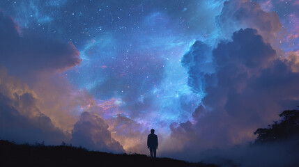 Mystical Silhouette Within a Dreamy Cosmic Cloudscape, Generative AI
