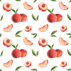 Watercolor pattern with peaches, nectarines. Pastel pattern for fabric, beige, peach color.