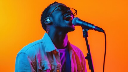 Passionate singer delivering an expressive performance under vibrant lighting