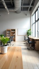 Fototapeta premium Generative AI Minimalist Office Interior with Blurred Desk and Plant View