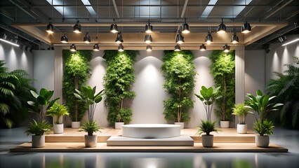 A modern stage with plants and bright lighting for events