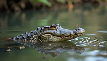 Fototapeta premium Alligator partially submerged in a shallow body of water. The alligator is looking to its right.
