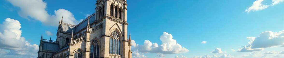 Obraz premium Majestic Ancient Cathedral Gleaming Under a Vibrant Blue Sky A Peaceful Scene of Serenity and Faith