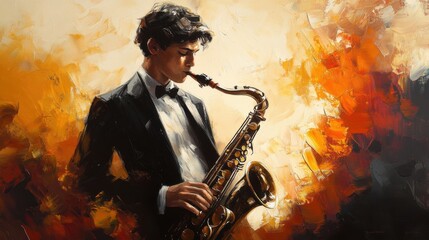 Expressive portrait of a young man playing saxophone with artistic brushstrokes