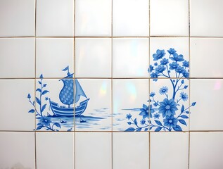 Blue and White Tile Mural: Ship and Flowers
