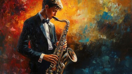 Expressive painting featuring a young saxophonist in a tuxedo performing music