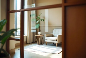 Fototapeta premium Generative AI Modern Living Space with Armchair and Sunlight